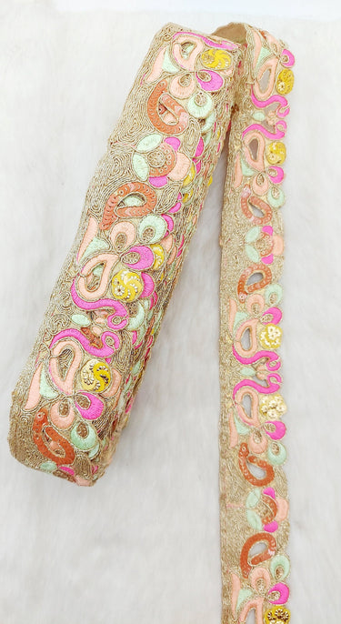 Cutwork Lace Trim With Intricate Hand Embroidered Swans In Pink and Zardozi Embroidery, Floral Trims, Sari Border